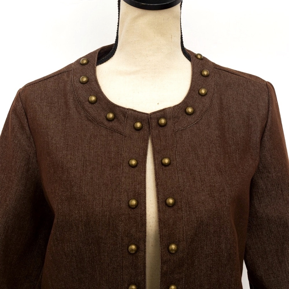 Chocolate denim jacket with antique gold studs embellished jacket NYCC M - Picture 7 of 11